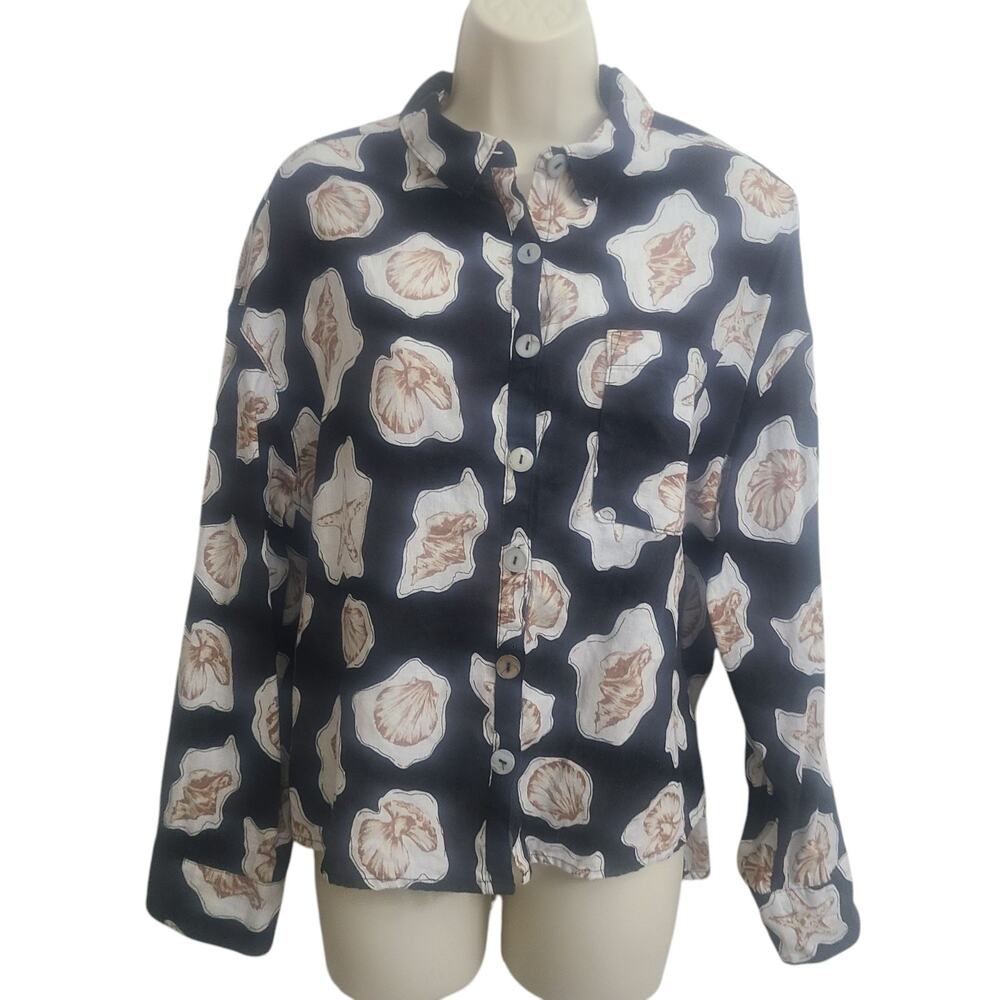 Nicole Miller Linen Euro Flax Floral Print Shirt Size Large